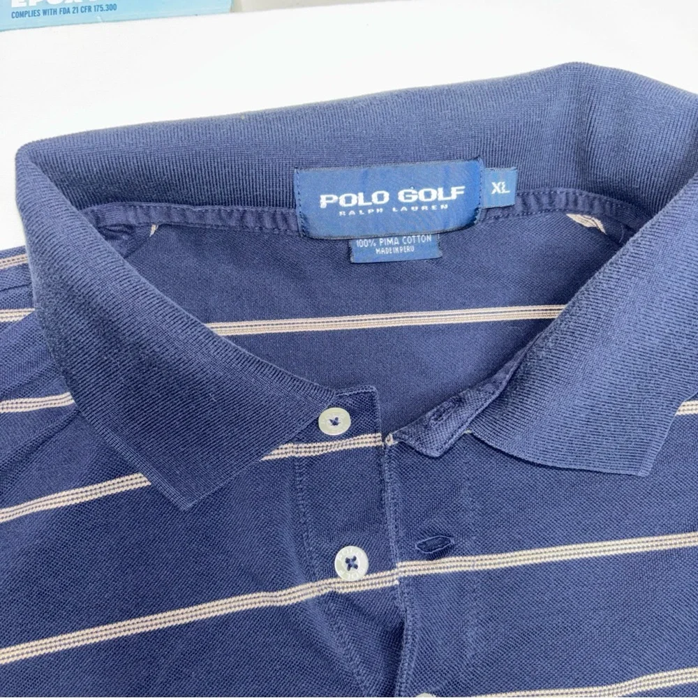 Ralph Lauren Golf Polo Men Extra Large Blue Tan Color Stripe Pima Cotton Shirt